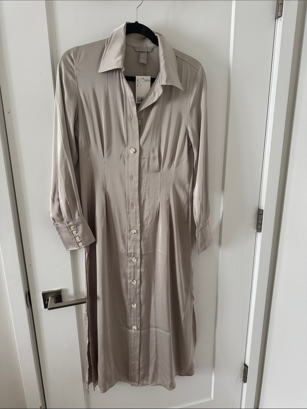 Long Sleeve Button-Front Shirt Dress in Light Taupe Silk